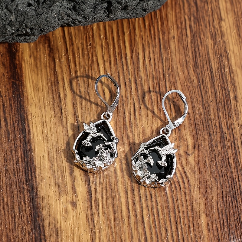 Women's Dark-Style Hummingbird Black Teardrop Earrings